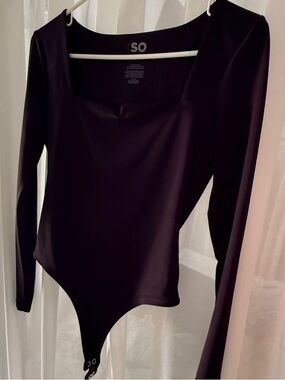 SO Black Long Sleeve Square Neck ThongBodysuit